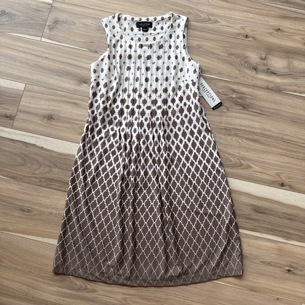 NWT Perceptions New‎ York  Taupe/Ivory Pleated Sleeveless Shift Dress Sz  S